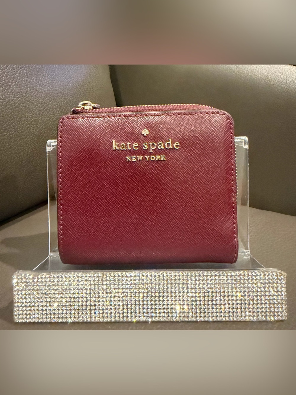kate spade Burgundy Saffiano Compact Zip Wallet with Gold Logo